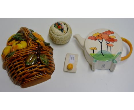 CLARICE CLIFF STYLE LIDDED JAR, REPRODUCTION CLARICE CLIFF STYLE TEA POT & GOEBEL FRUIT DISPLAY     