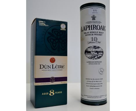 LAPHROAIG 10 YEARS OLD ISLAY SINGLE MALT SCOTCH WHISKY WITH PRESENTATION TIN - 70CL, 40% VOL & DUN LEIRE 8 YEARS OLD SINGLE M