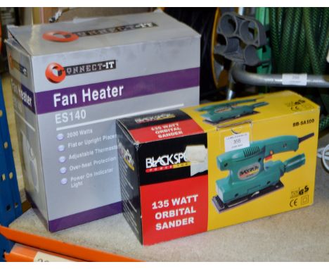 FAN HEATER IN BOX & ORBITAL SANDER IN BOX     