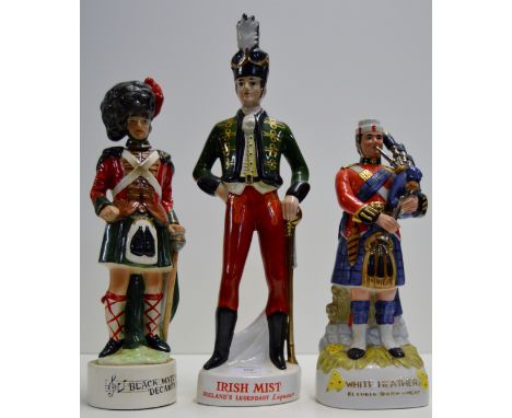 3 NOVELTY DECANTERS MODELLED AS SOLDIERS COMPRISING A BLACK WATCH MUSICAL DECANTER - EMPTY, AN IRISH MIST DECANTER & A WHITE 