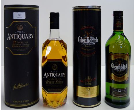 THE ANTIQUARY 12 YEARS OLD SUPERIOR DELUXE SCOTCH WHISKY WITH PRESENTATION TIN - 1 LITRE, 43% VOL & GLENFIDDICH 12 YEARS OLD 