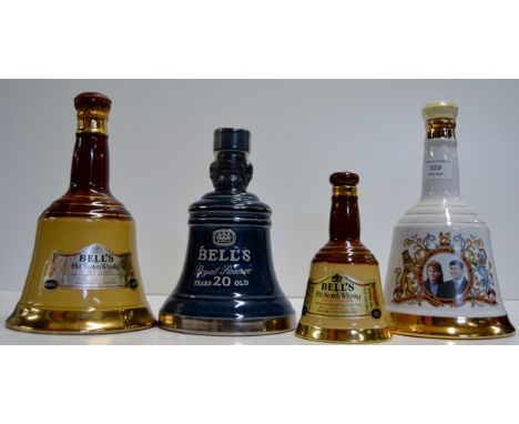 A GROUP OF 4 VARIOUS BELLS DECANTERS COMPRISING A 1986 ROYAL EDITION - 75CL, 43° GL, BELLS OLD SCOTCH WHISKY SPECIALLY SELECT