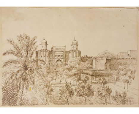 A group of scrapbook pieces, collected by a British soldier based in India during the 1850s/60s, including: Pencil portrait o