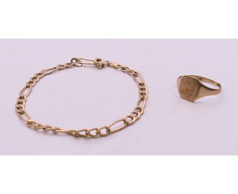 A 9 ct gold signet ring and a 9 ct gold bracelet. The latter 16 cm long. 3.6 grammes.