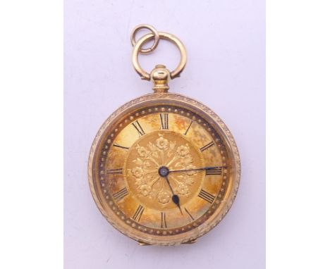 An 18 K gold cased open face pocket watch. 3.5 cm diameter. 42.5 grammes total weight. 