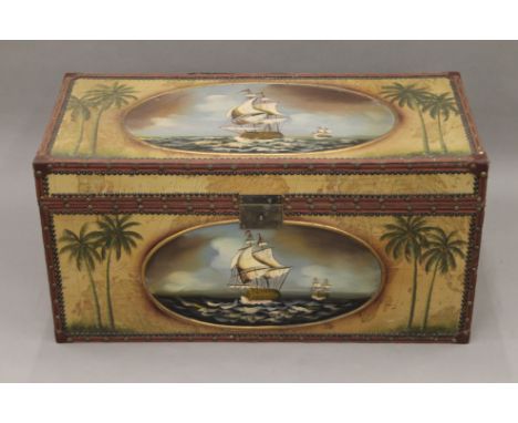 A trunk decorated with ships. 86 cm wide.