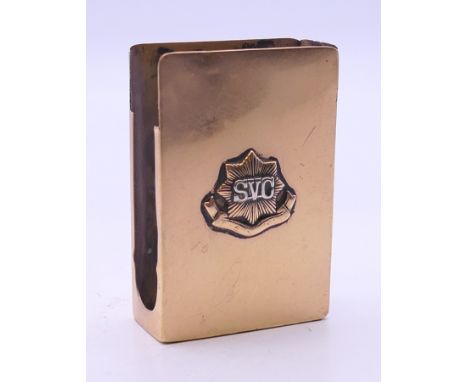 A 14 k gold matchbox cover with Shanghai Volunteer Corps badge, the reverse inscribed. 5.75 cm high. 30 grammes total weight.