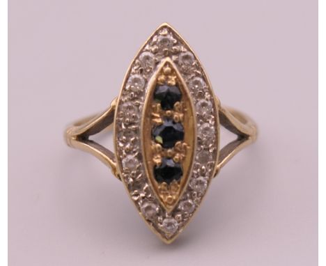 A 9 ct gold navette ring. Ring size O/P. 3.7 grammes total weight. 