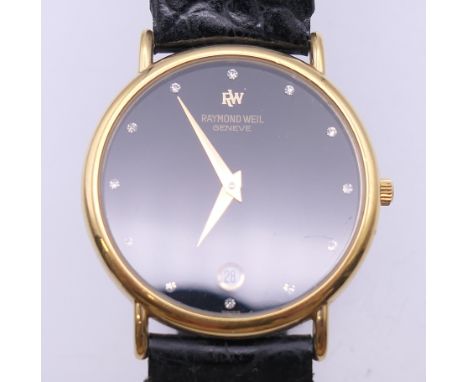 A Raymond Weil 18 K gold plated gentleman's wristwatch. 3 cm wide. 