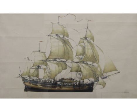 A collection of items relating to HMS Bark Endeavour, including two prints - one by Ross Shardlow, framed and glazed, the oth