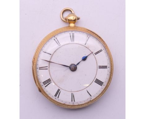 An 18 K gold open-faced pocket watch. 4 cm diameter. 61.8 grammes total weight.