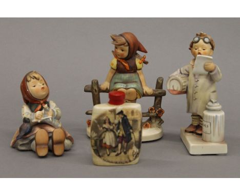 Three Hummel figures and a miniature gin barrel.  The largest 14.5 cm high.