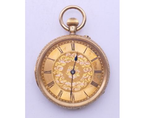 An 18 K gold cased pocket watch. 4 cm diameter. 49.6 grammes total weight. 