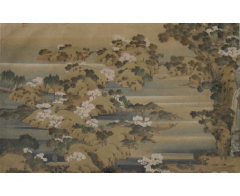 A Japanese hand-coloured coloured print, figures in a lakeland landscape, framed and glazed. 38 x 24 cm.