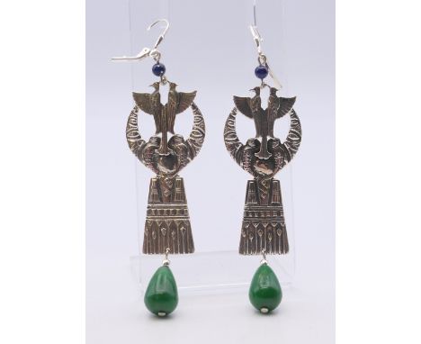 A pair of silver and jade Egyptian revival earrings. 8.5 cm high.