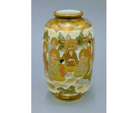 A late 19th century Japanese satsuma vase, painted with a panel of figures, the reverse with a panel of birds and flowers. 19