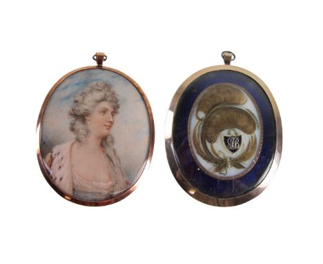 English School (late 18th century): Oval portrait miniature watercolour on ivory of a lady with lightly powdered hair with st