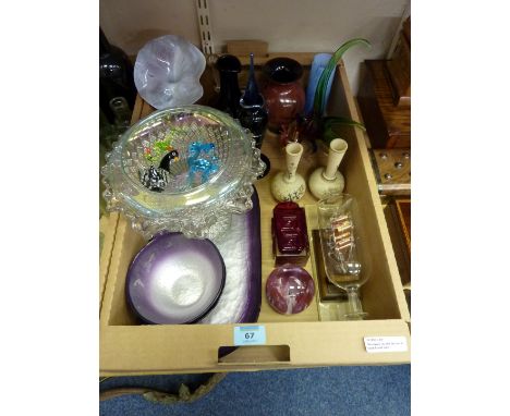 Mid 20th century Whitefriars 'Greek Key' red glass vase H11cm, Caithness paperweight and other decorative glassware in one bo