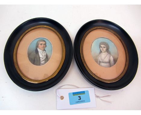 Thomas Hazlehurst (1740-1821): Mr and Mrs Wrenn oval portrait miniatures, watercolours on ivory in ebonised papier mache and 