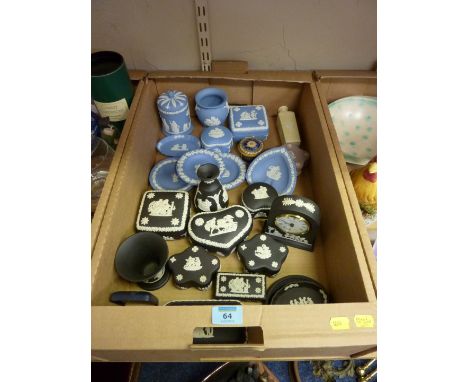 Collection of Wedgood jasperware including a black jasperware mantel clock H13cm and a Wedgwood trinket box in one box
