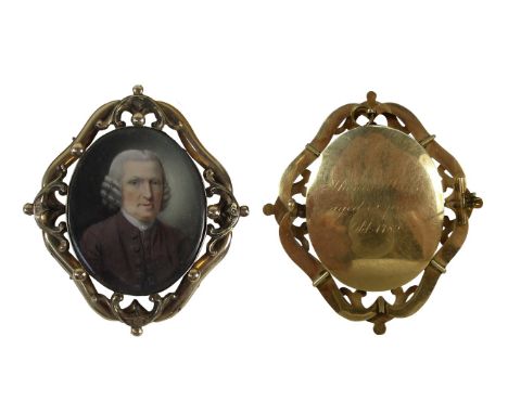 English School (late 18th century): Oval portrait miniature of Thomas Waller watercolour on ivory, grey powdered curled wig, 