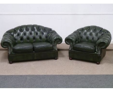 Two seat Chesterfield sofa (W147cm), matching armchair and footstool in green leather