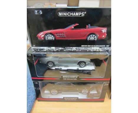 Model Vehicles - Minichamps 1:18 scale Mercedes-Benz SLR McLaren Roadster 2007, Ford Capri 1969 and Jaguar XK Coupe 2006 - al