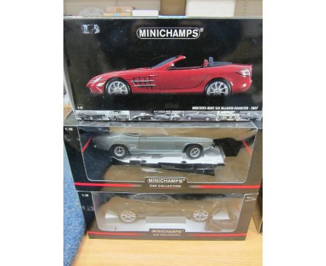 Model Vehicles - Minichamps 1:18 scale Mercedes-Benz SLR McLaren Roadster 2007, Ford Capri 1969 and Jaguar XK Coupe 2006 - al