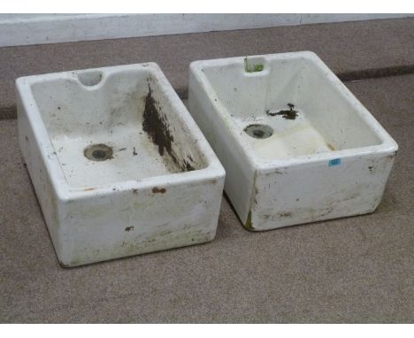 Two white enamel Belfask sinks and knife sharpener 