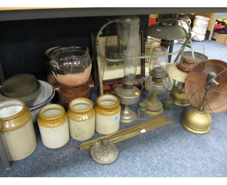 Large collection vintage metalware including rearing lamp, enamel bowls, oil lamps, stoneware pots, mantle clock etc
