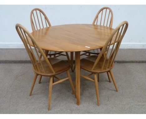 Ercol vintage retro light elm drop leaf dining table (L113cm x W64cm closed) and four hoop back chairs