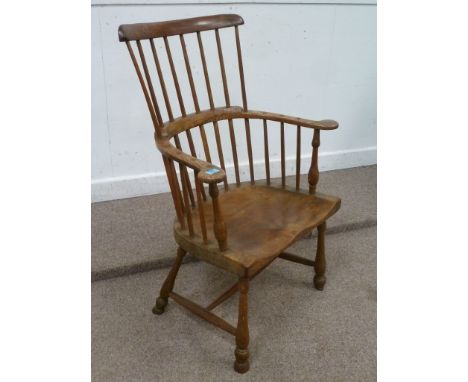 Late 19th century fruitwood and elm Windsor comb back elbow chair on turned H-framed base