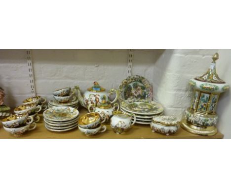 Capodimonte 'Keramos' tea service, five similar plates, a trinket dish and musical cigarette carousel 