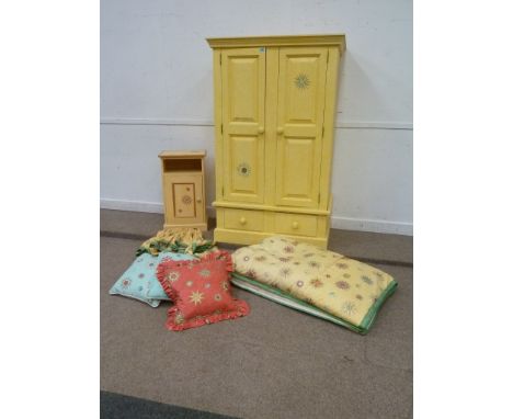 Yellow painted pine double wardrobe fitted with two single drawers, (W106cm, H162cm), similar bedside cabinet, (W42cm, H72cm)