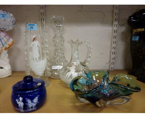 Victorian Mary Gregory style vase and jug, similar later blue bowl and a cut crystal decanter 