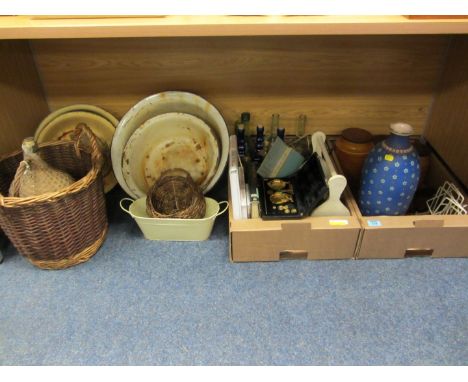 Vintage white enamel bowls, wicker baskets, old bottles, Hornseaware, brassware, cased postal scales, Mettlach vase etc in tw