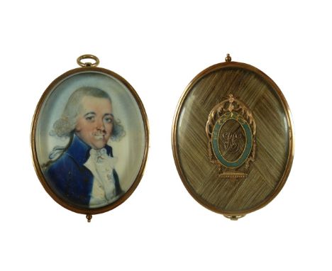 French School (late 18th century): Oval portrait miniature of gentleman in blue coat, white waistcoat and frilled cravat 
set
