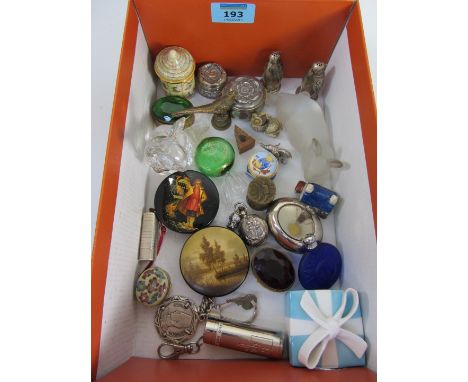 Japanese carved ivory netsuke signed, two Russian papiermache snuff boxes, miniatures, pill and trinket boxes etc