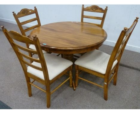 Light wood circular plank top pedestal table (D106cm) and four chairs