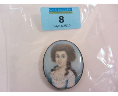 English School (late 18th century): Oval portrait miniature of a lady, watercolour on ivory in white dress trimmed with blue,