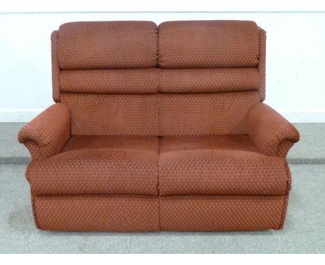Three three sofa (W145cm) and pair matching reclining armchairs in red fabric