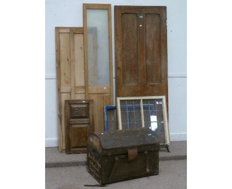 Two 19th century leaded glass sash windows, five various panelled doors and an old trunk