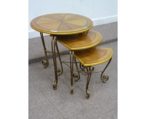 Modern wrought metal and light wood circular nest of three tables, D60cm x H62cm