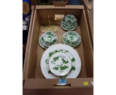 Brass sundial,set of six Wedgwood 'Chinese Tigers Green' dinner plates and side plates, and other similar china in one box