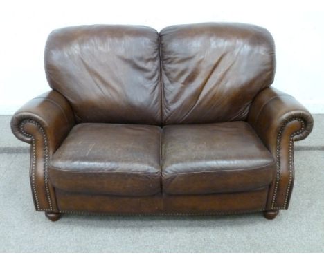 Two seat traditional style sofa in brown leather, W156cm