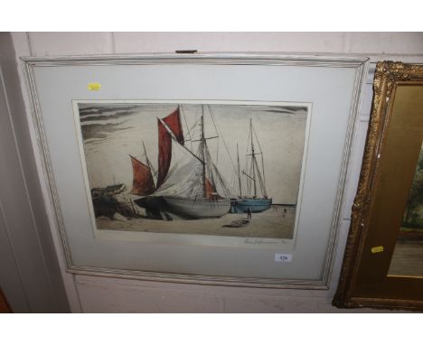 A pencil signed coloured etching depicting barges