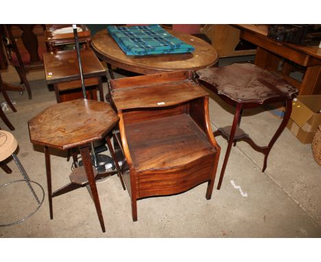 A mahogany two tier centre table, a commode and an oak octangle topped occasional table 