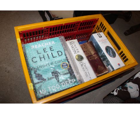 A box of books containing signed Lee Child, Mrs Beetons book of household management, Lord of the Rings 