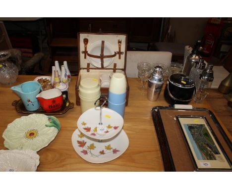 A picnic set, thermos flask, two tier cake stand etc.
