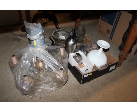 A ceiling light with prism drops and a box containing syphon stand, soda syphon, glass pedestal bowl etc.